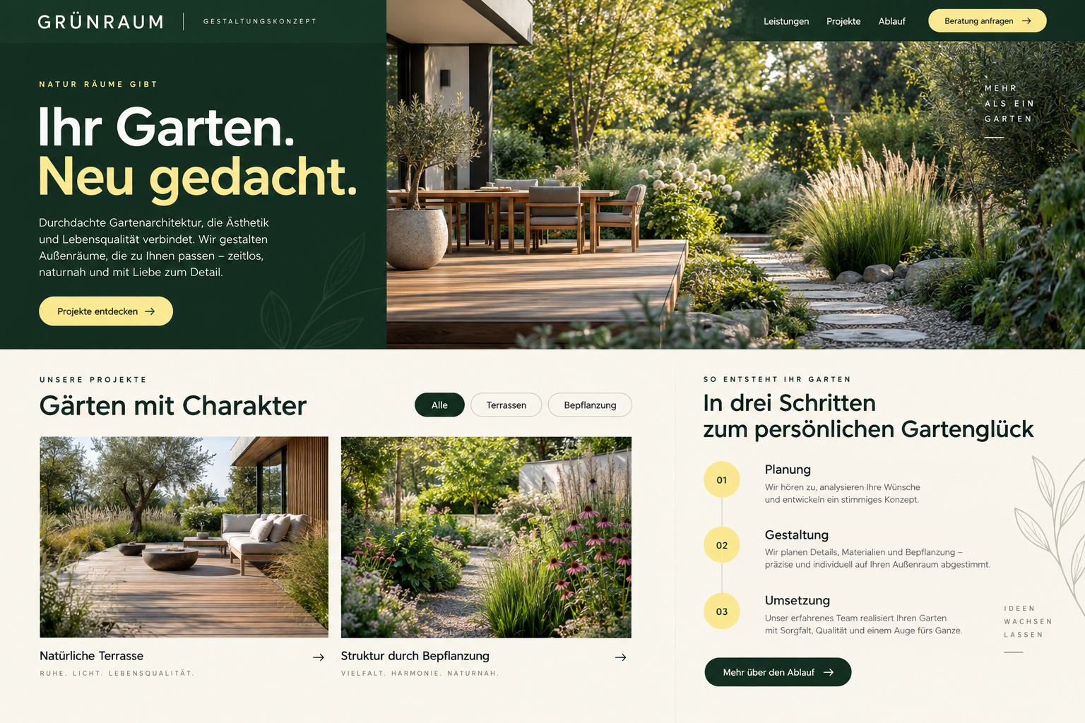Gartenbau-Website mit Projektgalerie, Kategoriefiltern und Ablaufübersicht