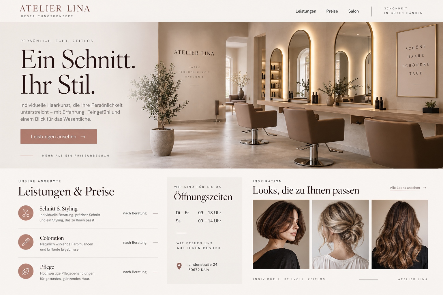 Website-Konzept eines Friseursalons mit Leistungsübersicht, Preisbereich und Öffnungszeiten